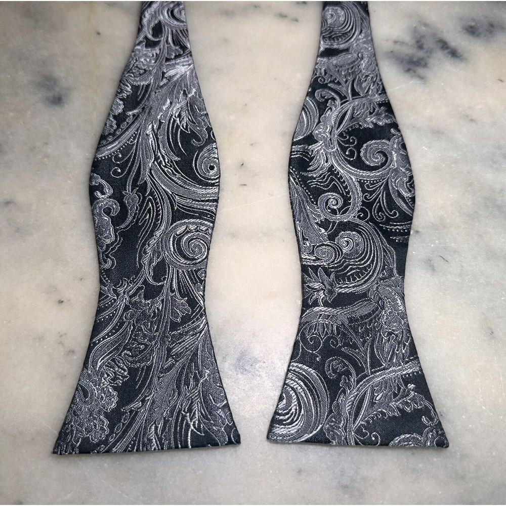 100% Silk Black Silver Paisley Woven Self Tie Adjustable Bow Tie - Picture 2 of 5